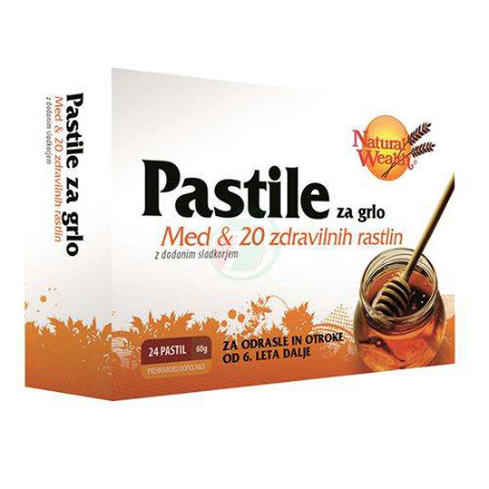 Natural Wealth pastile za grlo z okusom med in 20 zelišč, 24 pastil