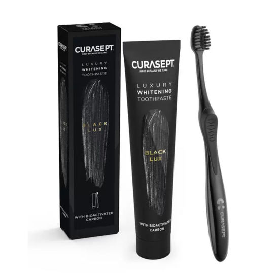 Curasept Black Lux zobna pasta in zobna ščetka za beljenje zob, 1 set
