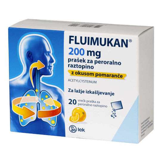 Fluimukan 200 mg prašek za peroralno raztopino - pomaranča, 20 vrečk