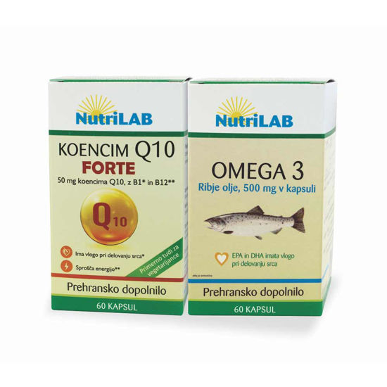 Nutrilab Koencim Q10 kapsule in Omega 3, 500 mg kapsule (AKCIJA)